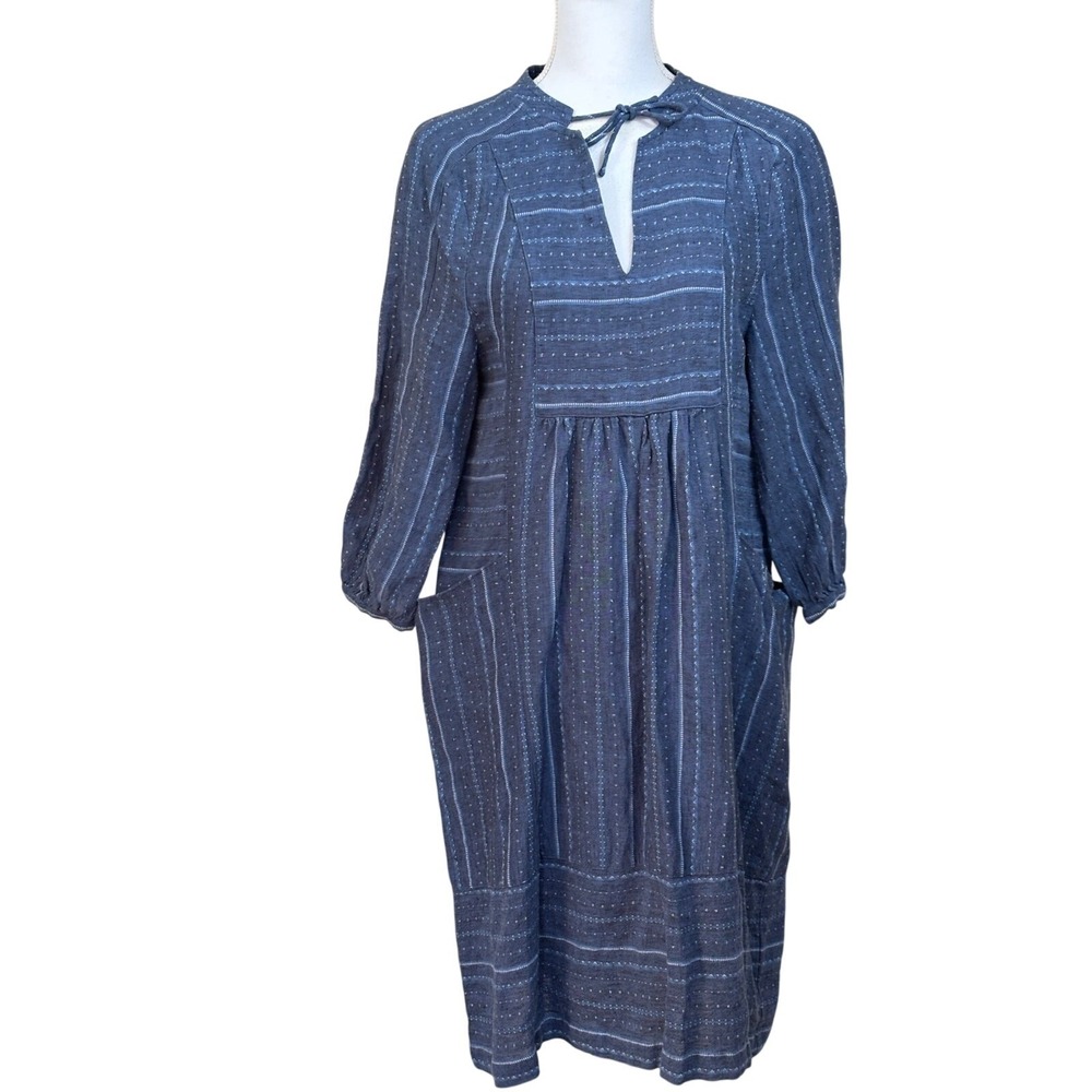 Poetry Blue Linen Blend Stripe Shift Dress Pockets US 4 Cottagecore Prairie